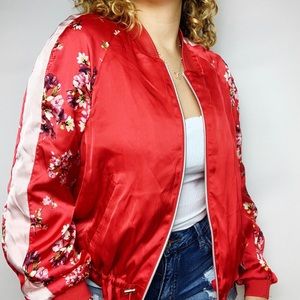 Red Floral H&M Satin Bomber Jacket M